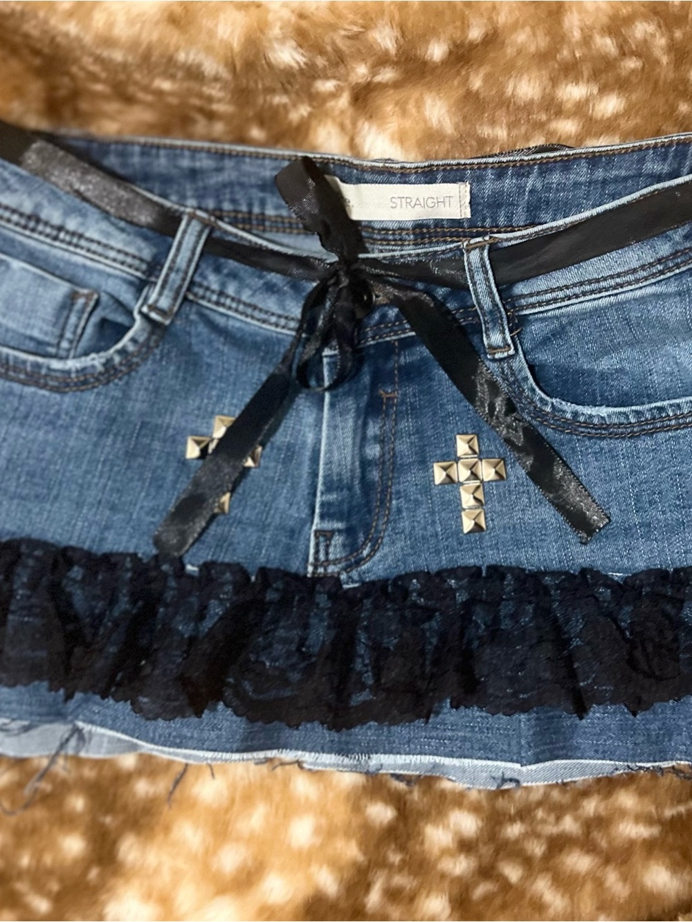 Blue Denim Mini Skirt with Black Lace Trim - Picture 2 of 2